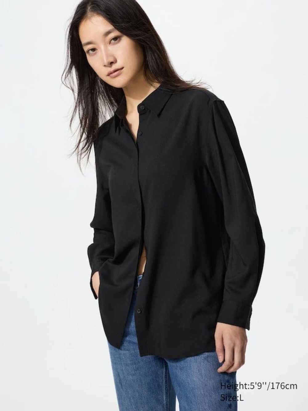 Oversize Classic Black Button-Up Shirt - Women's Black Top